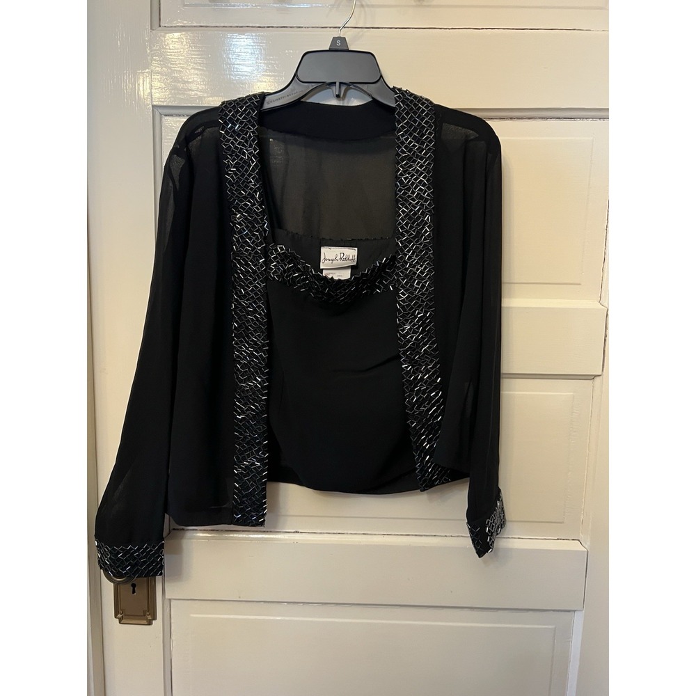 Joseph Ribkoff Cardigan 2 Pc Set Sheer  Black Silver Dressy Jacket & Shirt Sz 8